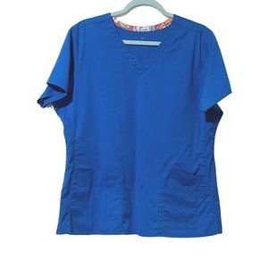 Vera Bradley women’s v neck pockets short sleeve blue patterned scrub top FLAW